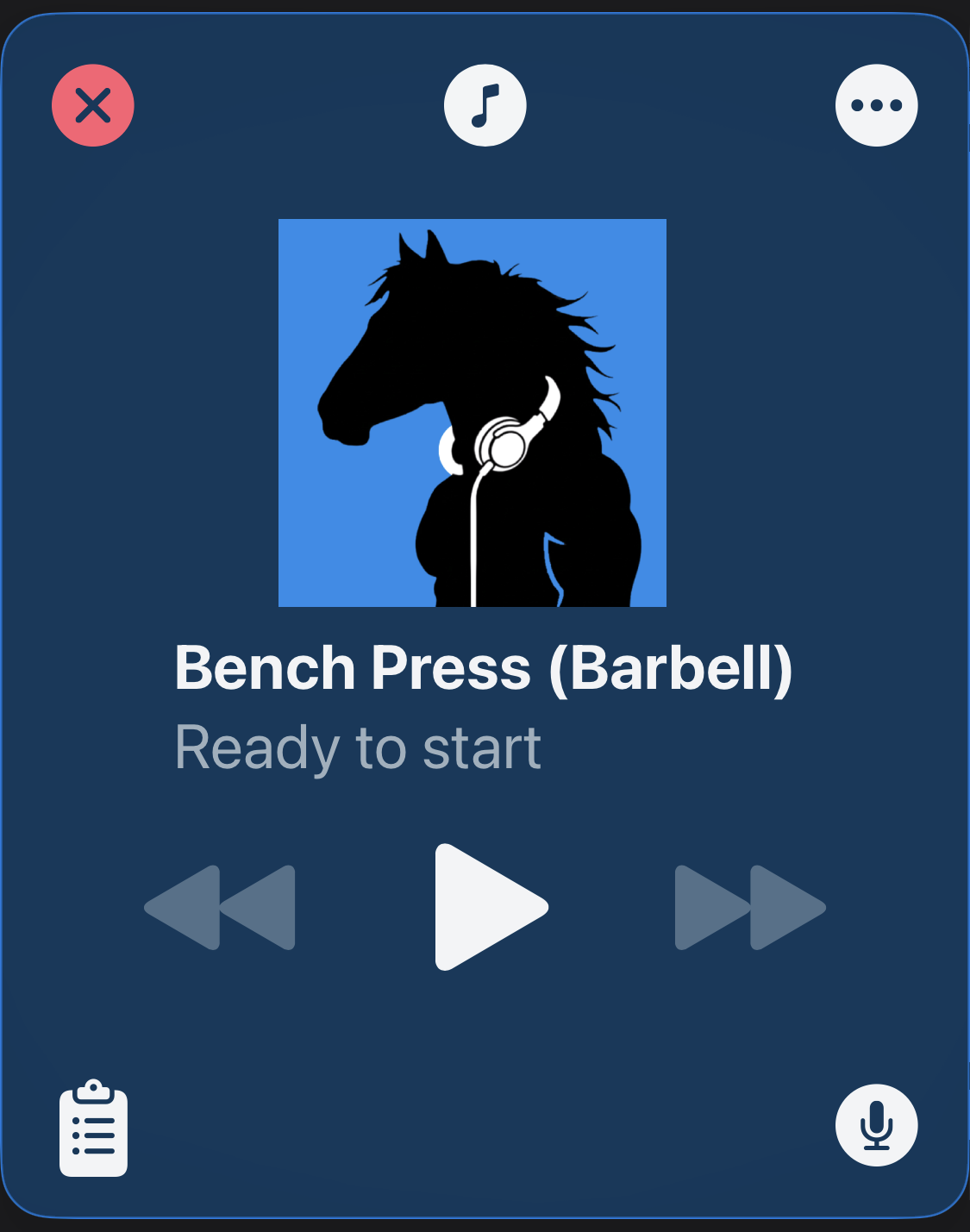 The Gym Jockey workout screen — an exercise playing like a track, with play, back and forward controls
